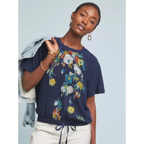 TINY Anthropologie Carley Floral Top Short Sleeve Drawstring Hem Blue Multi S - Picture 4 of 10